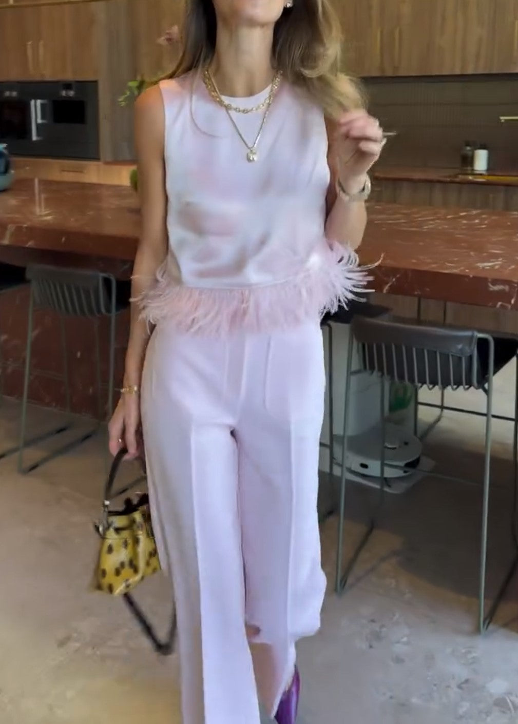 Pink Satin Feather Trim Sleeveless Top & Wide Leg Pants Two Piece Outfit