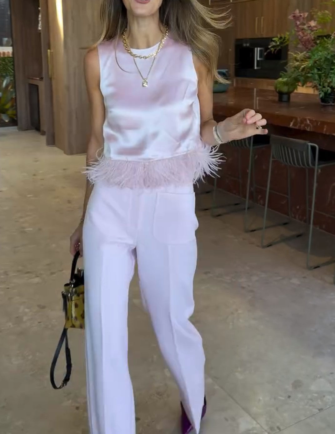 Pink Satin Feather Trim Sleeveless Top & Wide Leg Pants Two Piece Outfit