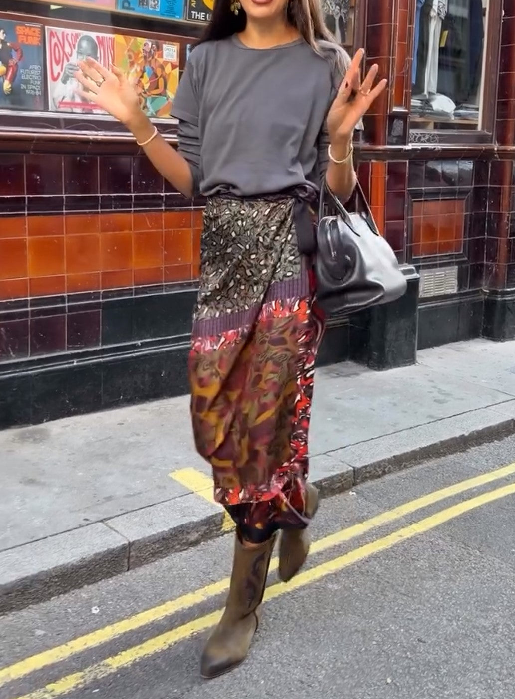 Mixed Print Wrap Midi Skirt Color Block Satin Asymmetrical Skirt