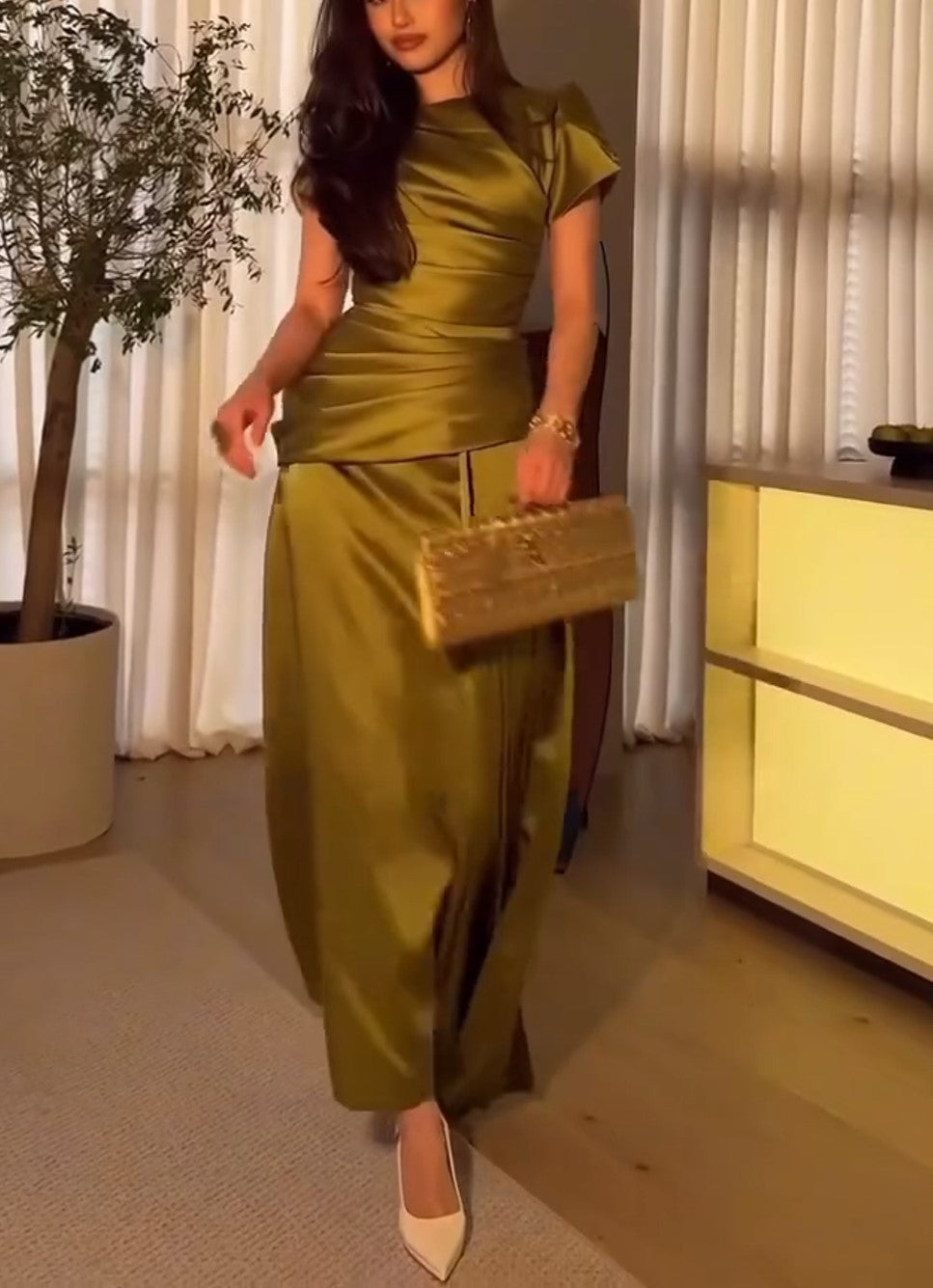 Olive Green Satin Ruched Maxi Dress Short Sleeve Formal Gown