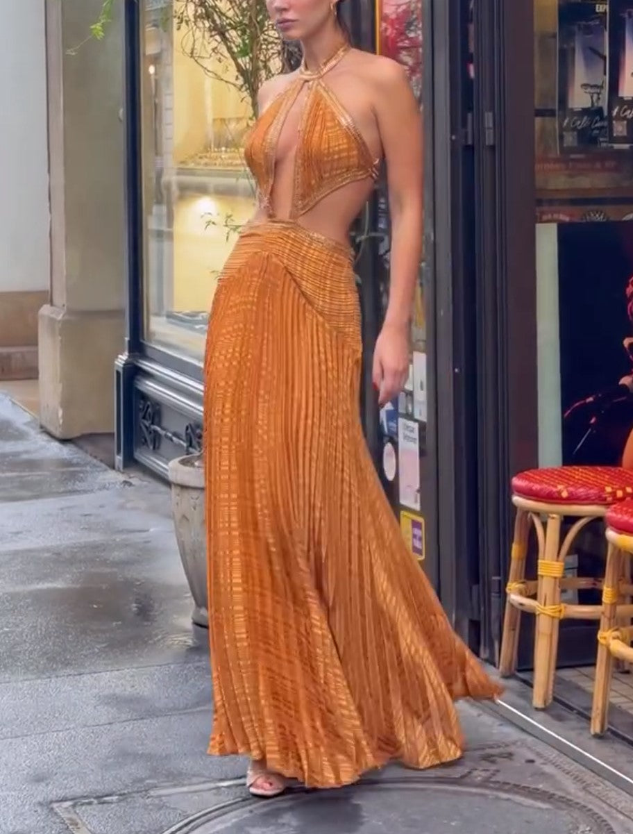 Orange Halter Cutout Pleated Maxi Dress Metallic Evening Gown