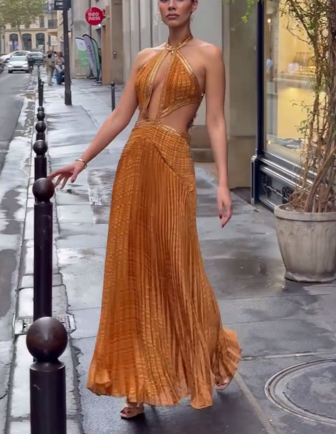 Orange Halter Cutout Pleated Maxi Dress Metallic Evening Gown