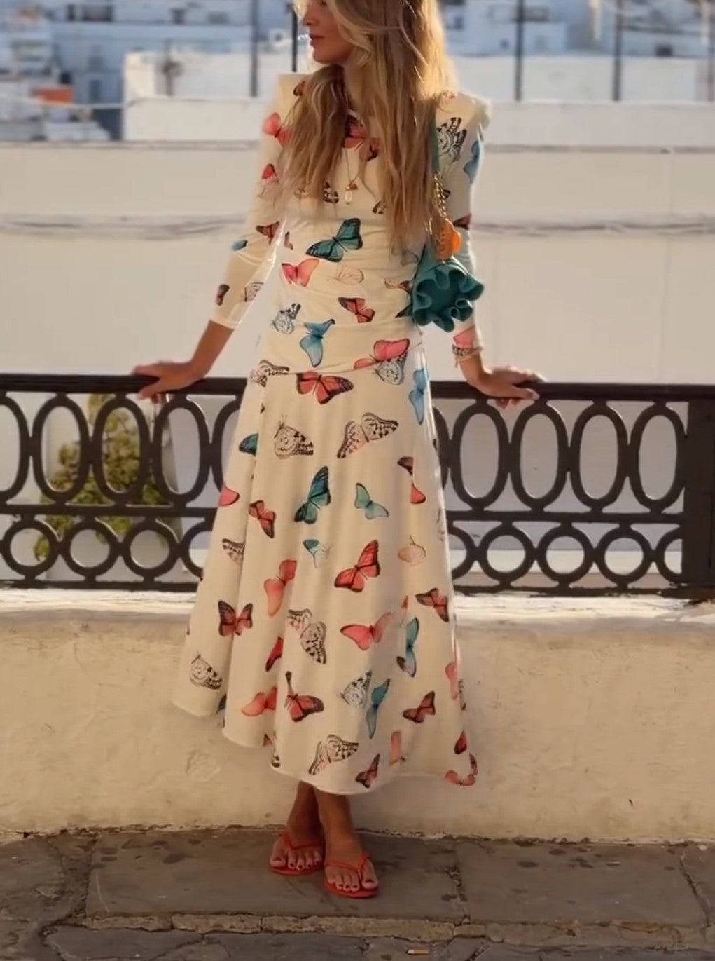 Butterfly Print 3/4 Sleeve Midi Dress Round Neck Flared A-Line Dress