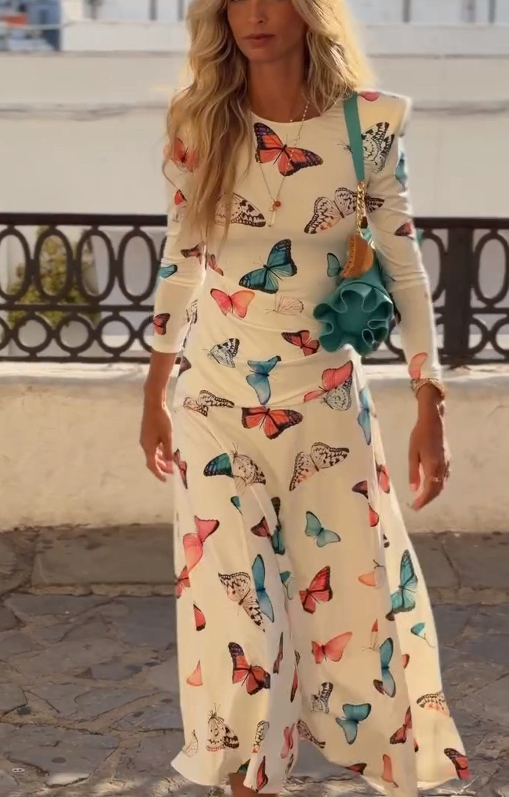 Butterfly Print 3/4 Sleeve Midi Dress Round Neck Flared A-Line Dress