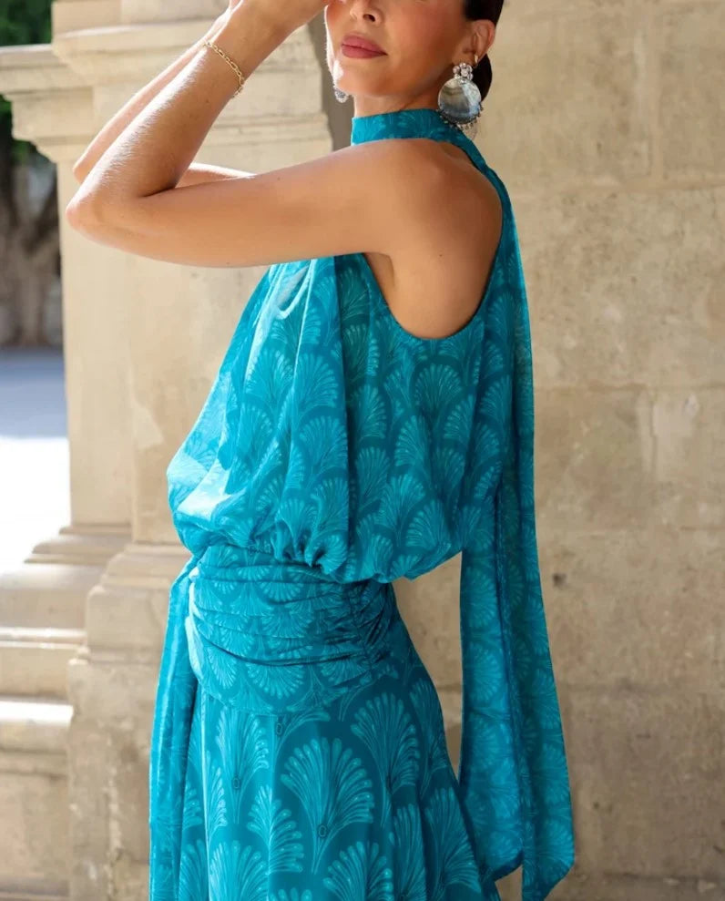 Ärmelloses A-Linien-Maxikleid mit Neckholder, Fächerprint und drapierter Taille