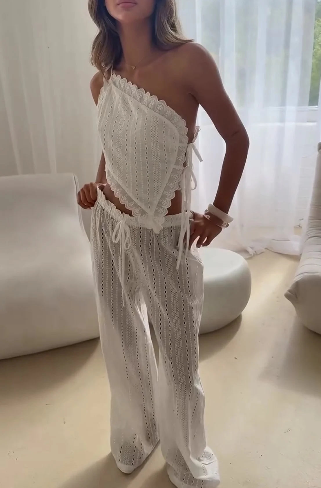 White Eyelet Embroidery One Shoulder Tie Crop Top and Wide Leg Pants Two Piece Set