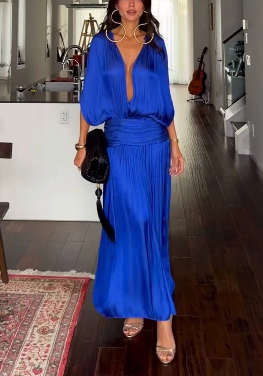 Royal Blue Deep V-Neck Pleated Maxi Dress with Ruched Waist