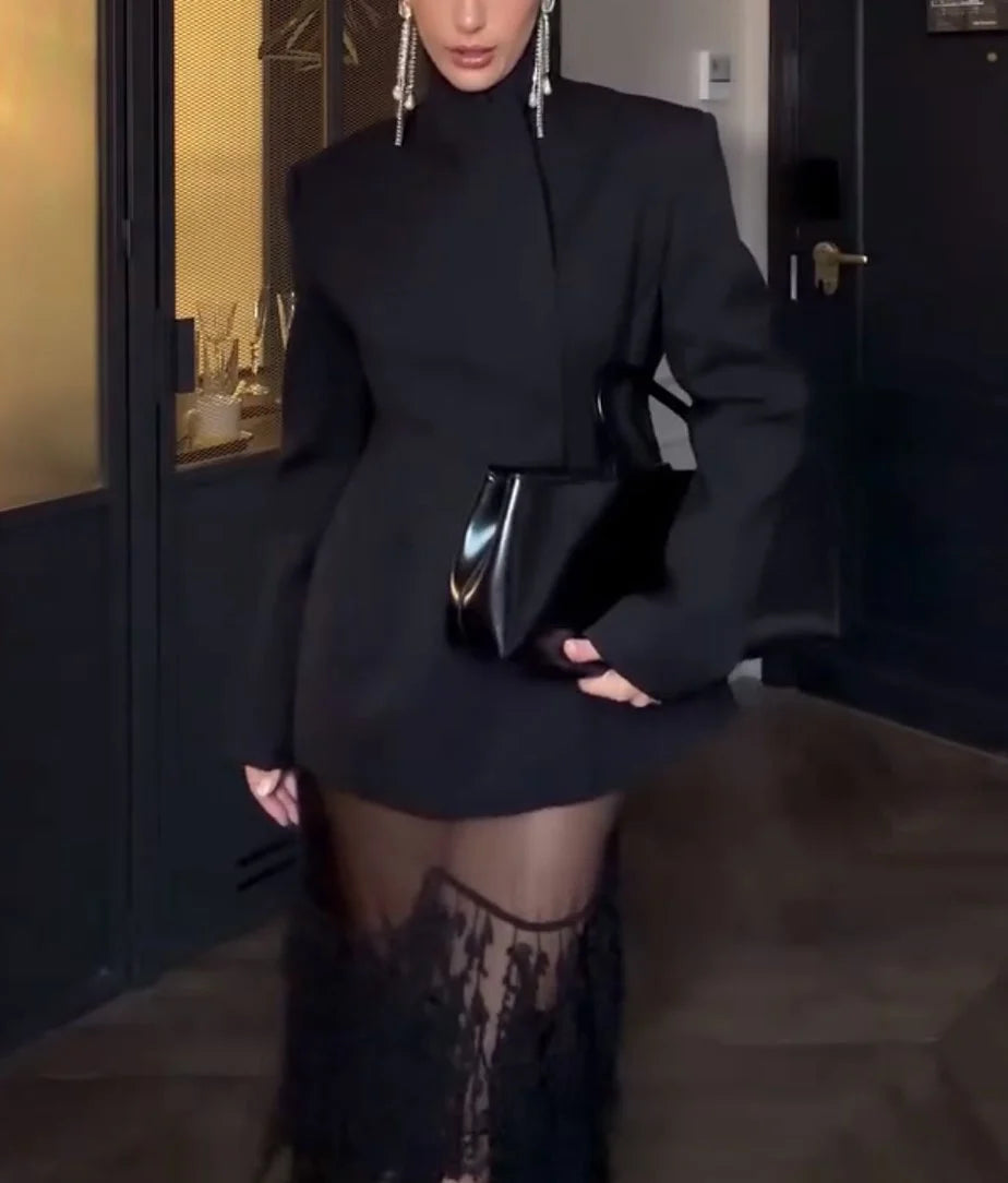 Black High Neck Blazer and Sheer Lace Tassel Maxi Skirt Two Piece Set