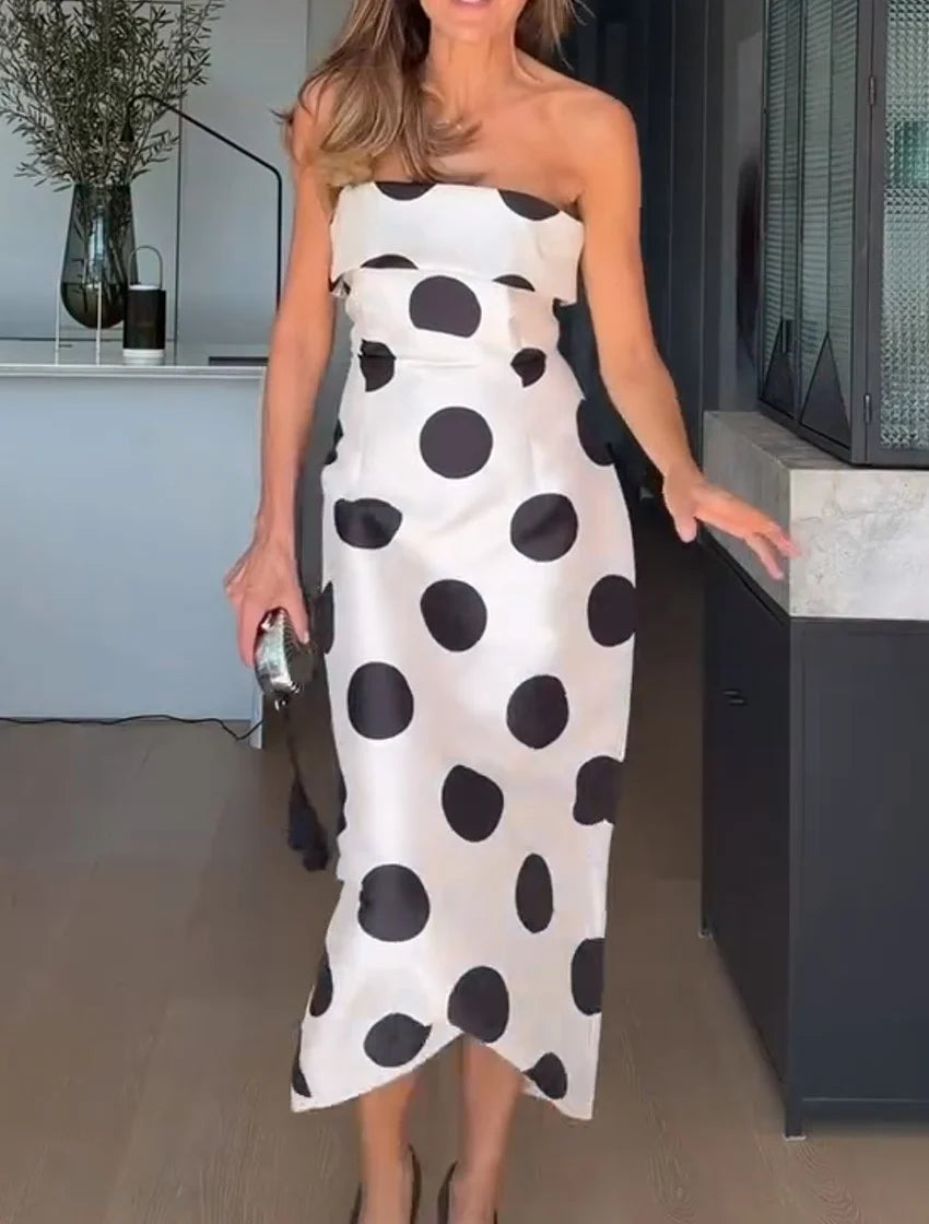 Trägerloses gepunktetes Maxikleid in Säulenform für Cocktail- und Abendveranstaltungen