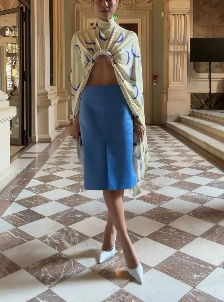 Printed Draped Cape Top and Blue Front Slit Midi Skirt Two Piece Set
