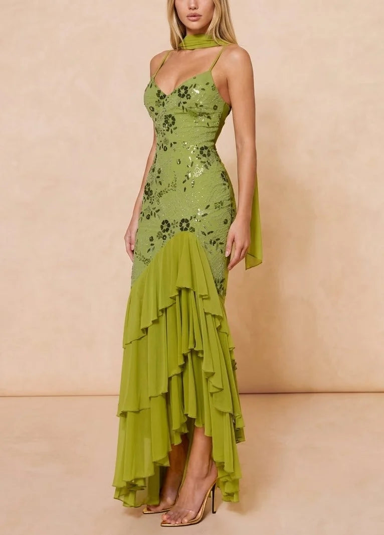 Olive Green Sequin Embroidered Cami Tiered Ruffle Mermaid Maxi Dress