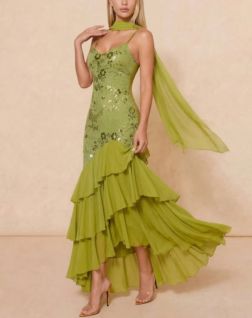 Olive Green Sequin Embroidered Cami Tiered Ruffle Mermaid Maxi Dress