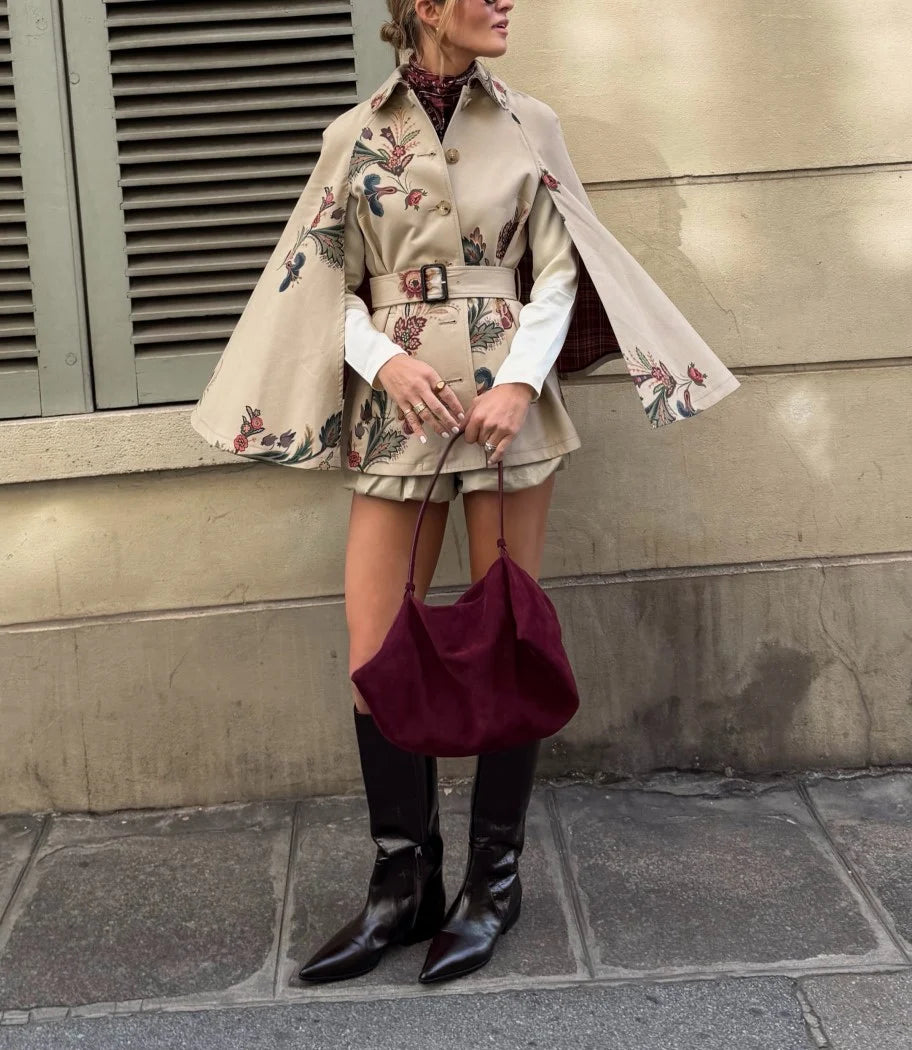 Women Vintage Floral Print Belted Cape Top with Plaid Lining