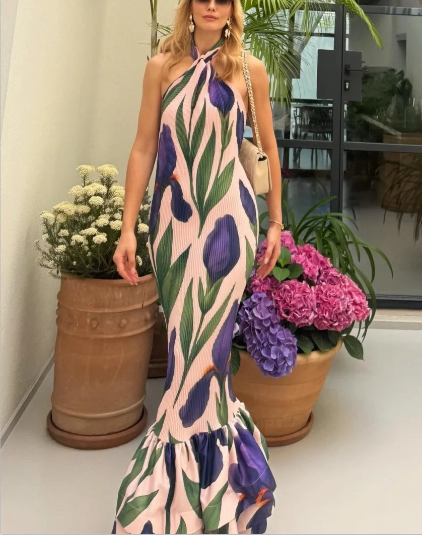 Floral Print Halter Neck Tiered Ruffle Mermaid Maxi Dress