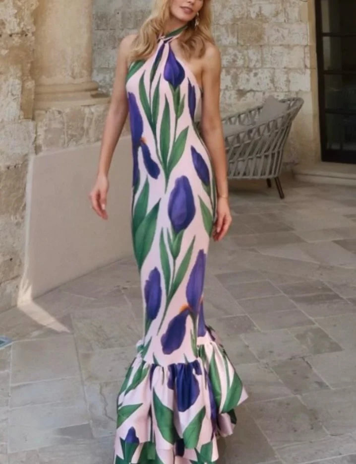Floral Print Halter Neck Tiered Ruffle Mermaid Maxi Dress