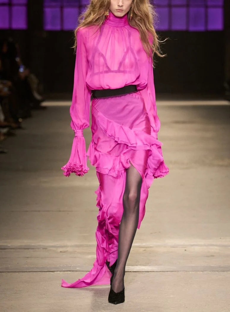 Hot Pink High Neck Tiered Ruffle Chiffon Maxi Dress with Long Sleeves