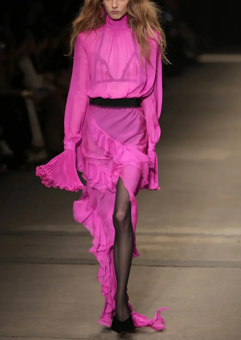 Hot Pink High Neck Tiered Ruffle Chiffon Maxi Dress with Long Sleeves