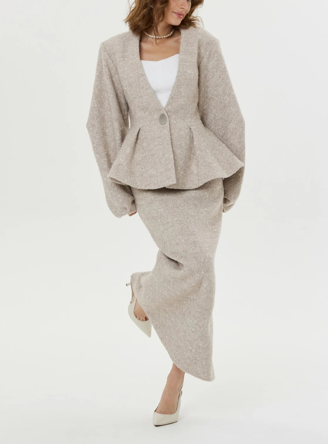 Women's Textured Tweed Peplum Blazer and Matching Two Piece Set