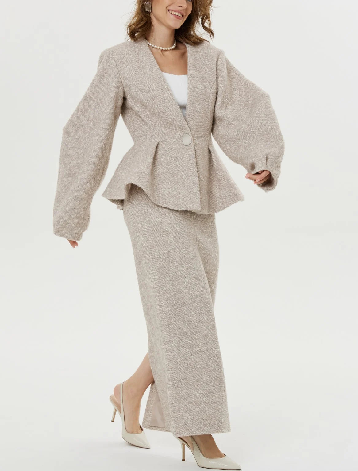 Women's Textured Tweed Peplum Blazer and Matching Two Piece Set