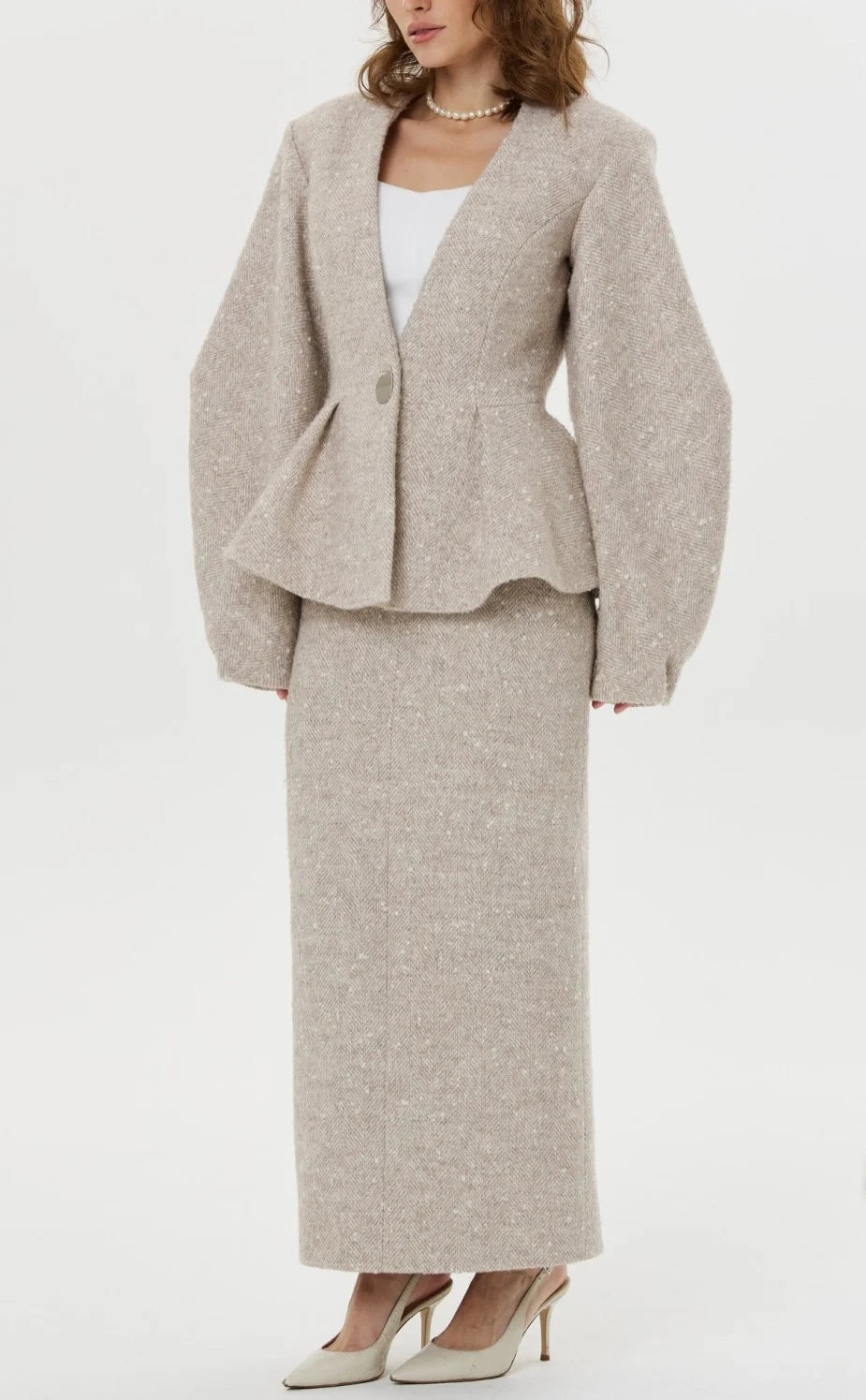 Women's Textured Tweed Peplum Blazer and Matching Two Piece Set