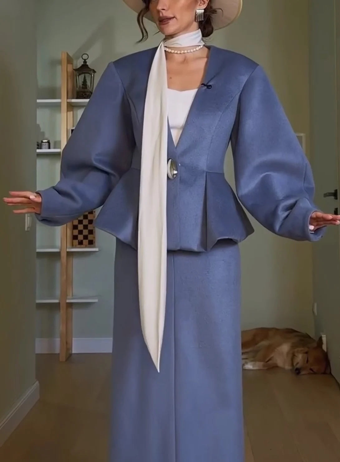 Women's Dusty Blue Lantern Sleeve Peplum Jacket and Column Maxi Skirt Set