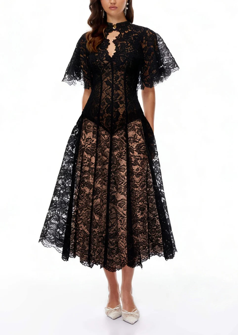 Black Floral Lace Mock Neck A-Line Midi Dress with Flutter Sleeves