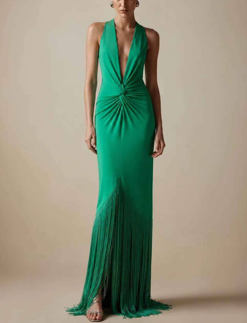 Emerald Green Plunge Halter Twist Front Fringe Slit Maxi Dress
