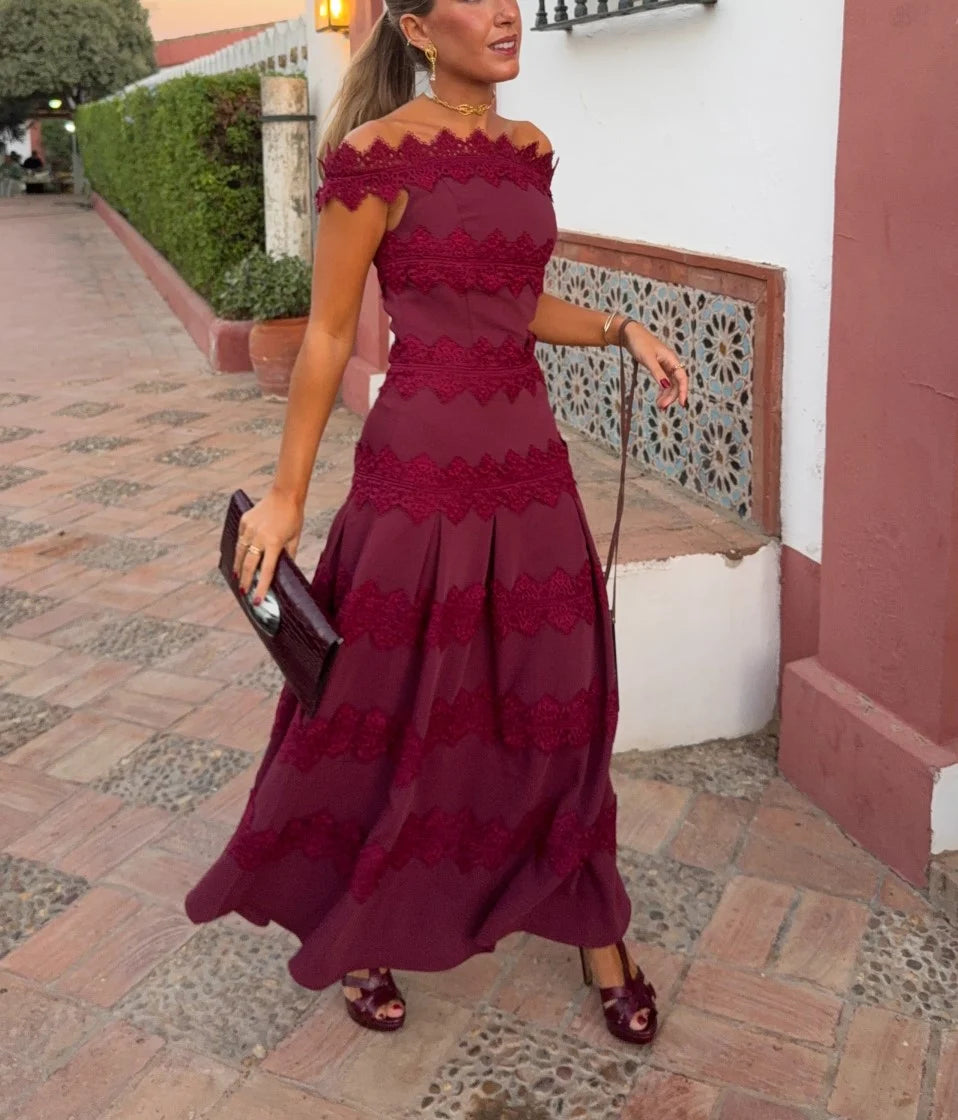 Burgundy Off-the-Shoulder Lace Trim Pleated A-Line Maxi Dress