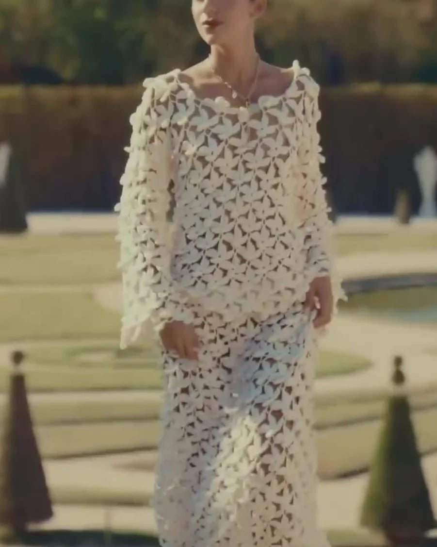 Floral Crochet Open Knit Long Sleeve Top and Maxi Skirt Two Piece Set