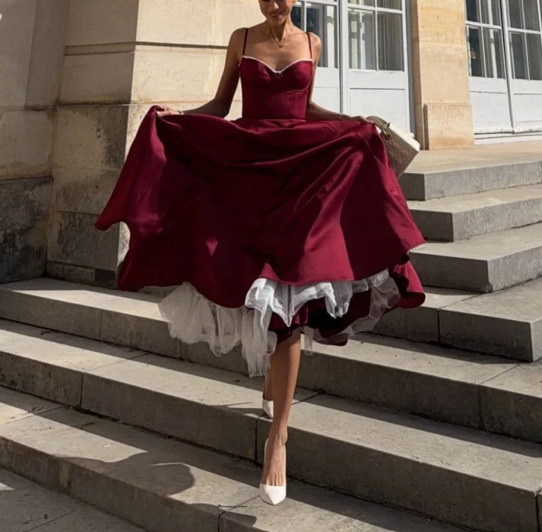 Burgundy Corset Sweetheart Neckline Satin Maxi Dress with Tulle Hem