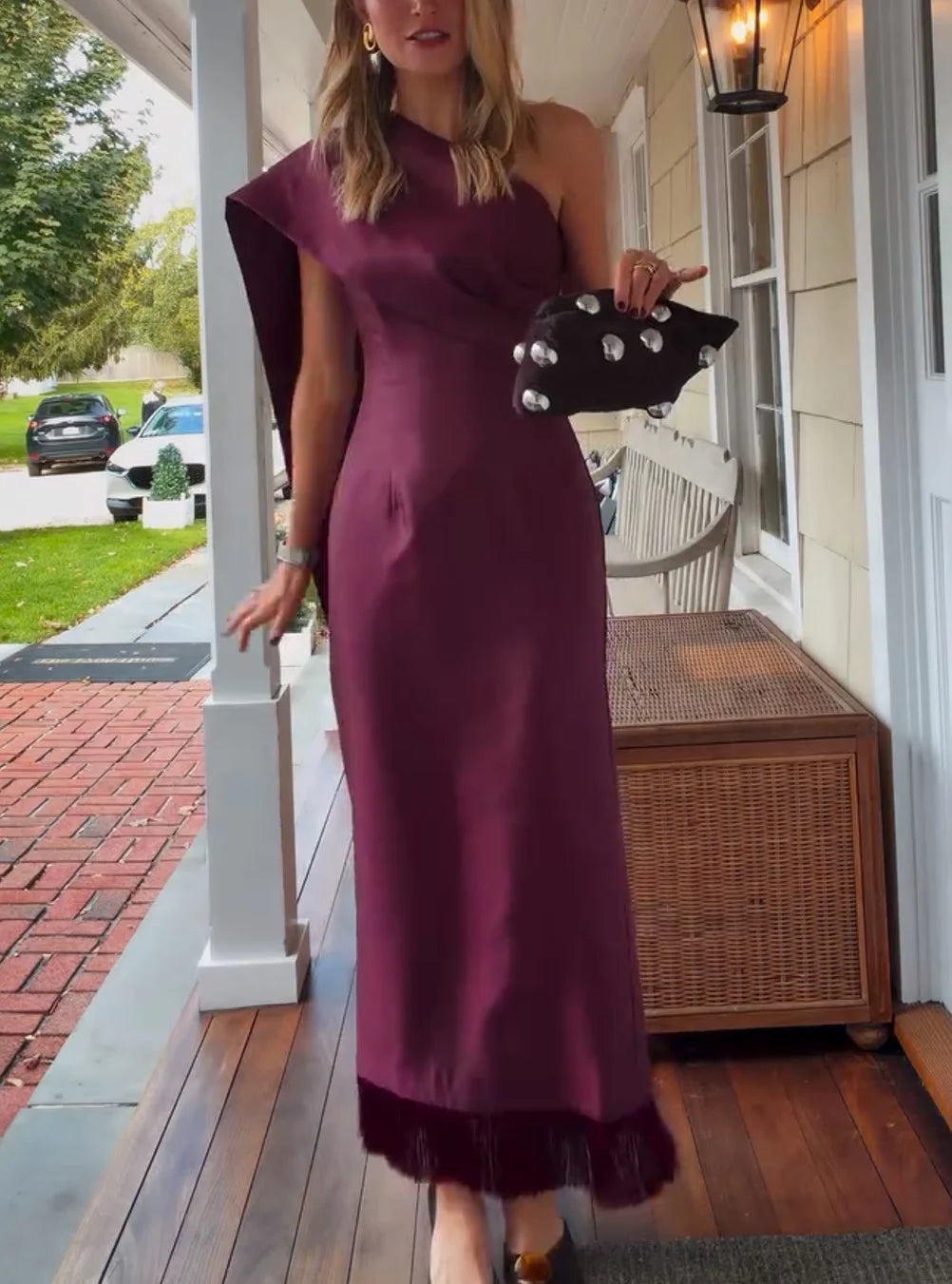 Women's One Shoulder Fringe Hem Column Plum Evening Maxi Dress