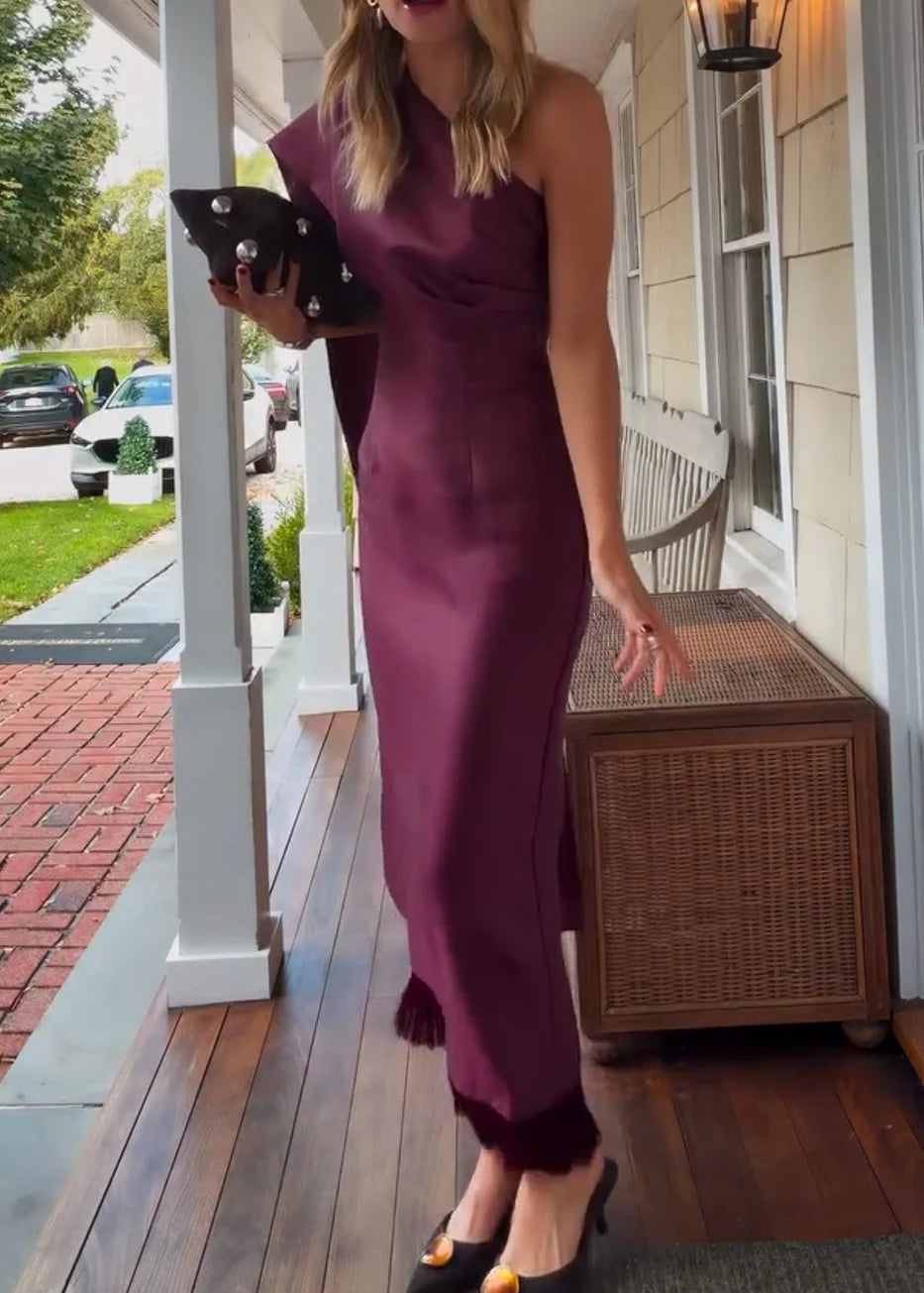 Robe longue de soirée prune fourreau pour femme, asymétrique à une épaule et à ourlet frangé