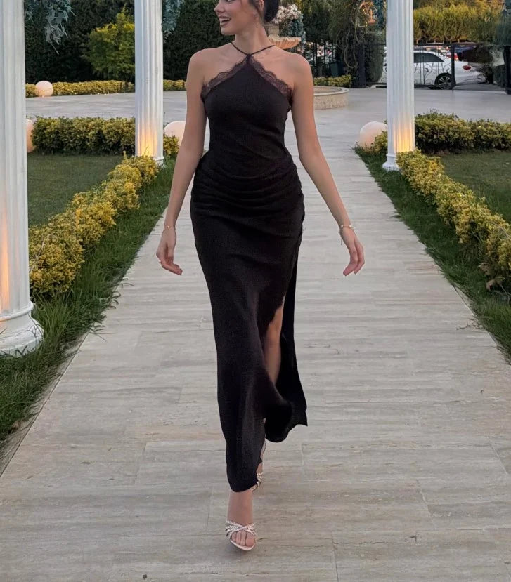 Women's Black Halter Lace Trim Ruched Evening Maxi Dress with Slit