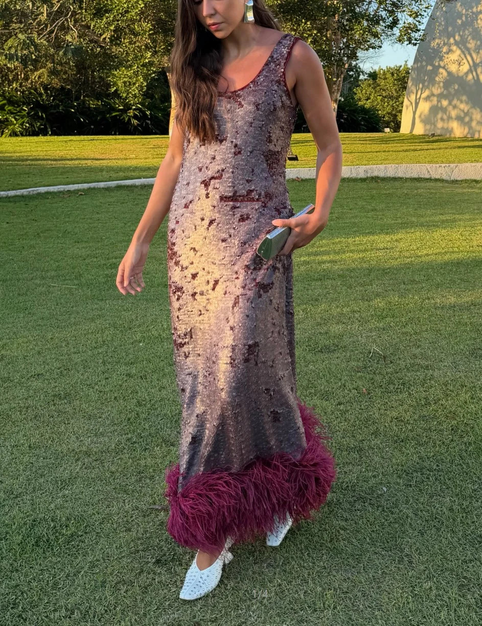 Sleeveless Sequin Scoop Neck Maxi Dress with Plush Feather Trim Hem
