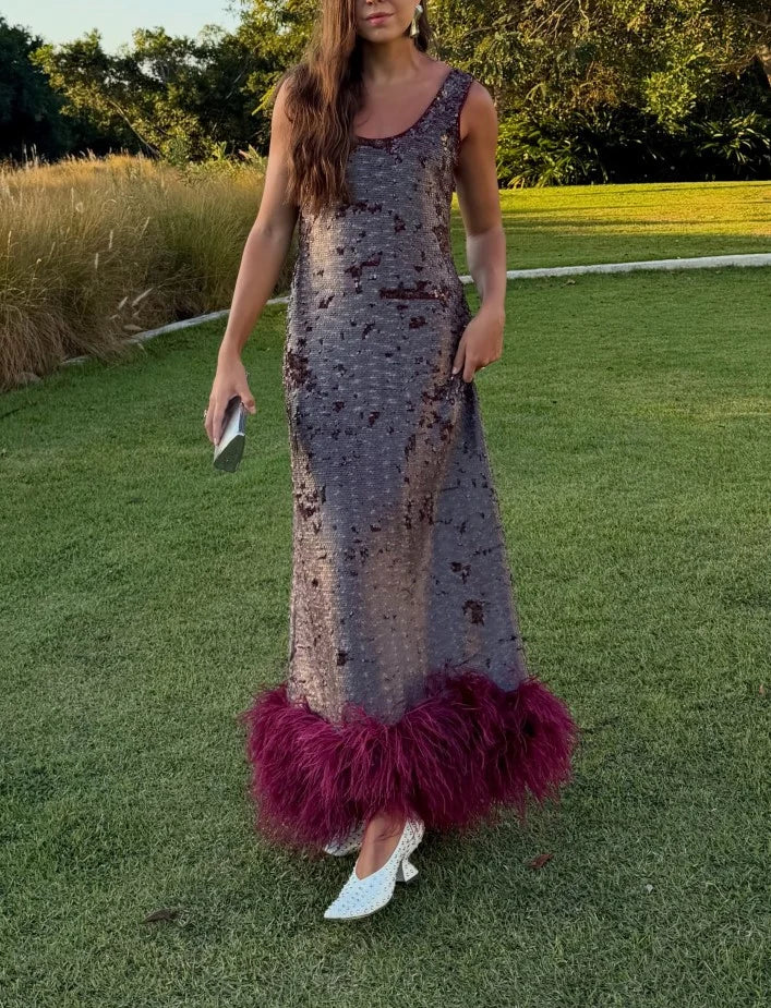 Sleeveless Sequin Scoop Neck Maxi Dress with Plush Feather Trim Hem