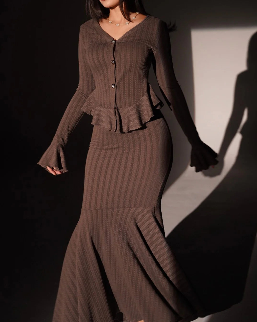 Brown Ribbed Knit Peplum Button Cardigan and Fluted Mermaid Maxi Skirt Set