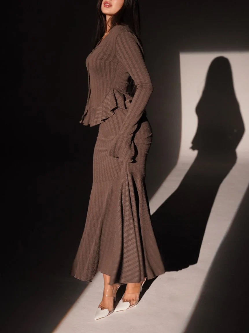 Brown Ribbed Knit Peplum Button Cardigan and Fluted Mermaid Maxi Skirt Set