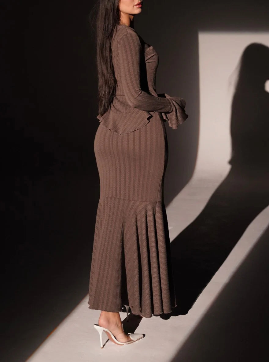 Brown Ribbed Knit Peplum Button Cardigan and Fluted Mermaid Maxi Skirt Set
