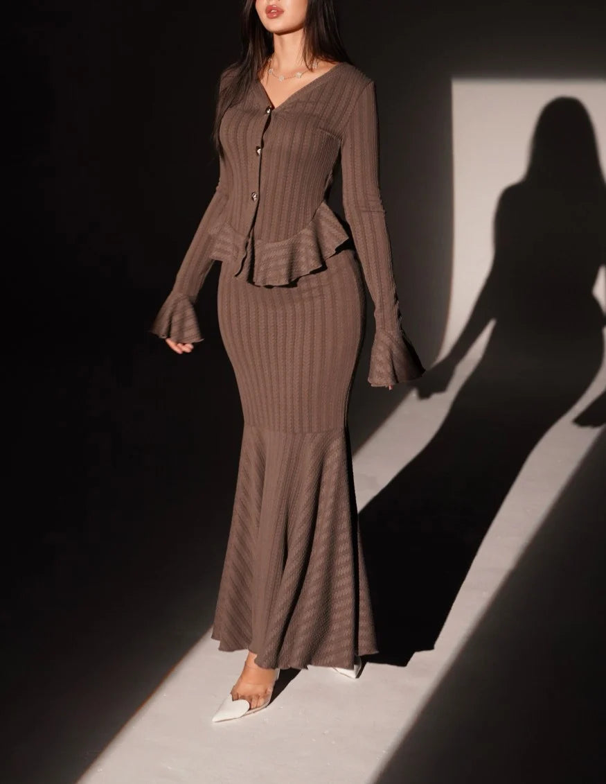 Brown Ribbed Knit Peplum Button Cardigan and Fluted Mermaid Maxi Skirt Set