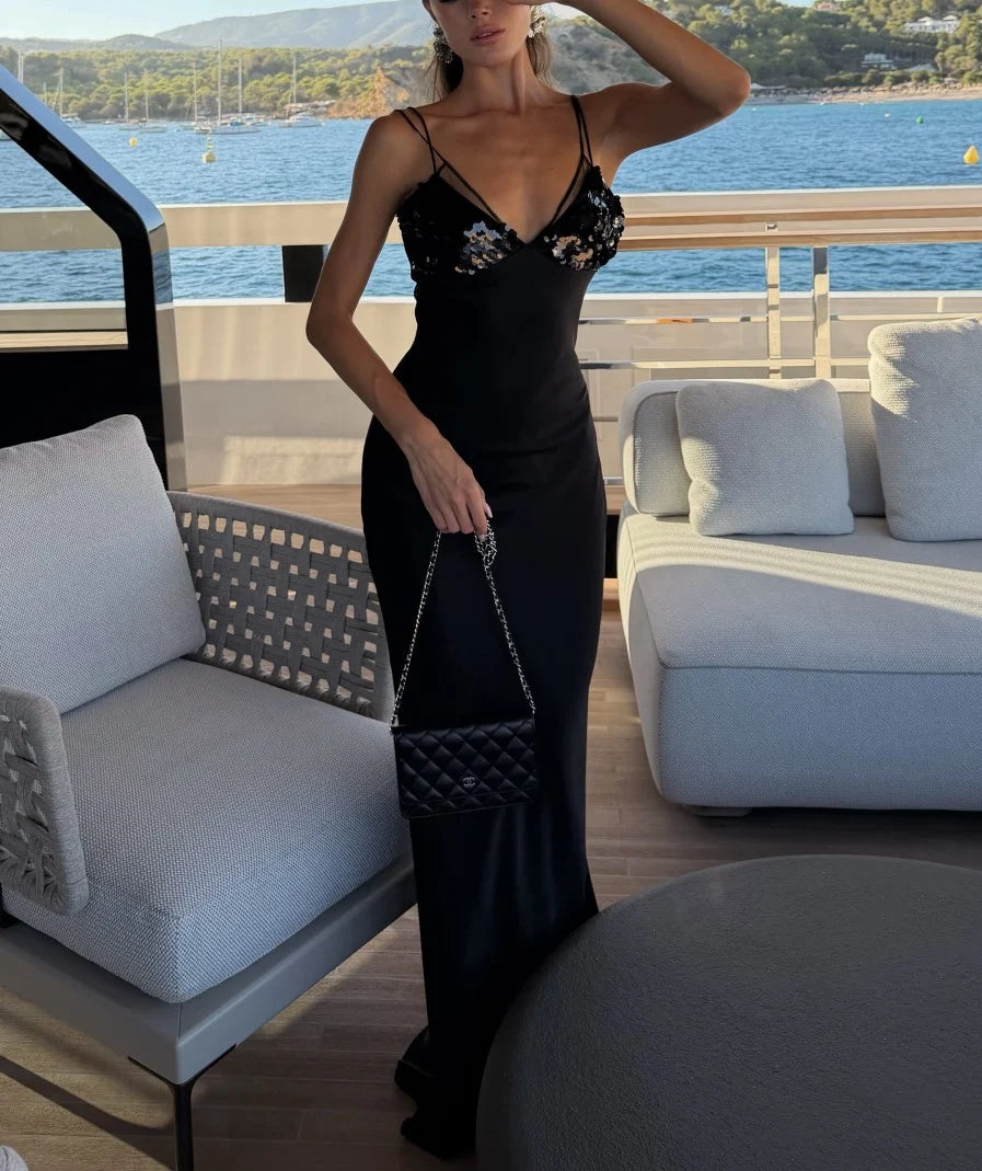 Black Sequin Bust Ruched Satin Cami Maxi Dress