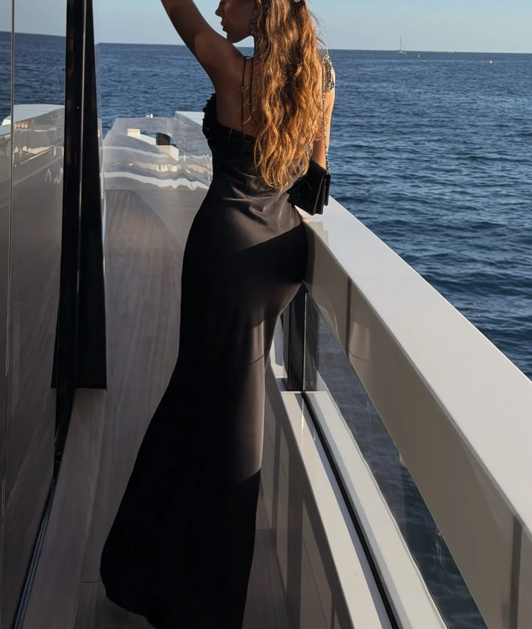 Black Sequin Bust Ruched Satin Cami Maxi Dress