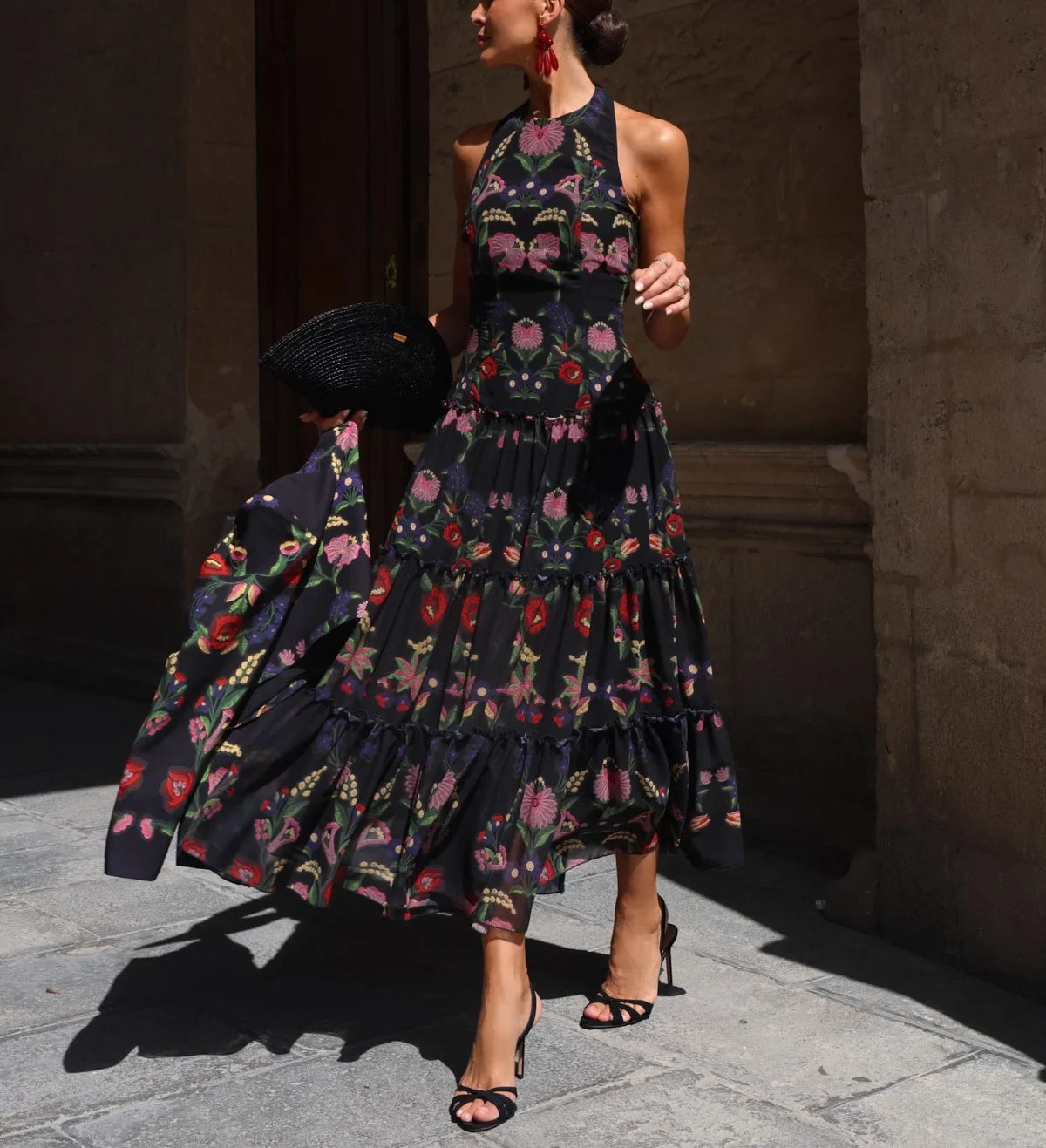Floral Print Halter Maxi Tiered Dress and Matching Jacket Two Piece Set