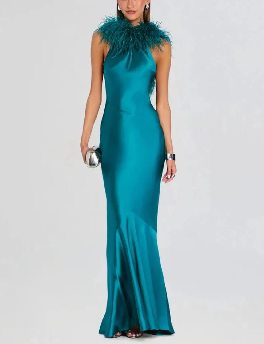 Teal Satin Feather Trim Halter Neck Sleeveless Evening Maxi Dress