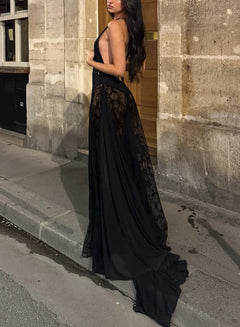 Women's Black Deep V-Neck Sheer Lace Overlay Sleeveless Evening Maxi Dress [erp-image:d43cba9ba4060afb5c7e357e]