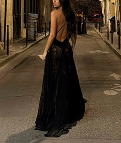 Women's Black Deep V-Neck Sheer Lace Overlay Sleeveless Evening Maxi Dress [erp-image:1c9b16dbe37d8e4f728e18ef]