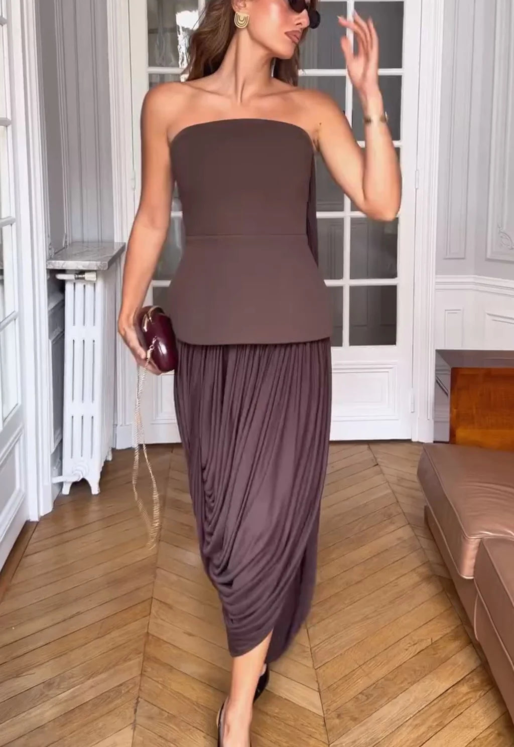 Brown Strapless Draped Maxi Dress Sleek Ruched Waterfall Evening Gown [erp-image:84001e882e84f8023b853ab4]