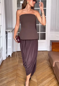 Brown Strapless Draped Maxi Dress Sleek Ruched Waterfall Evening Gown [erp-image:84001e882e84f8023b853ab4]