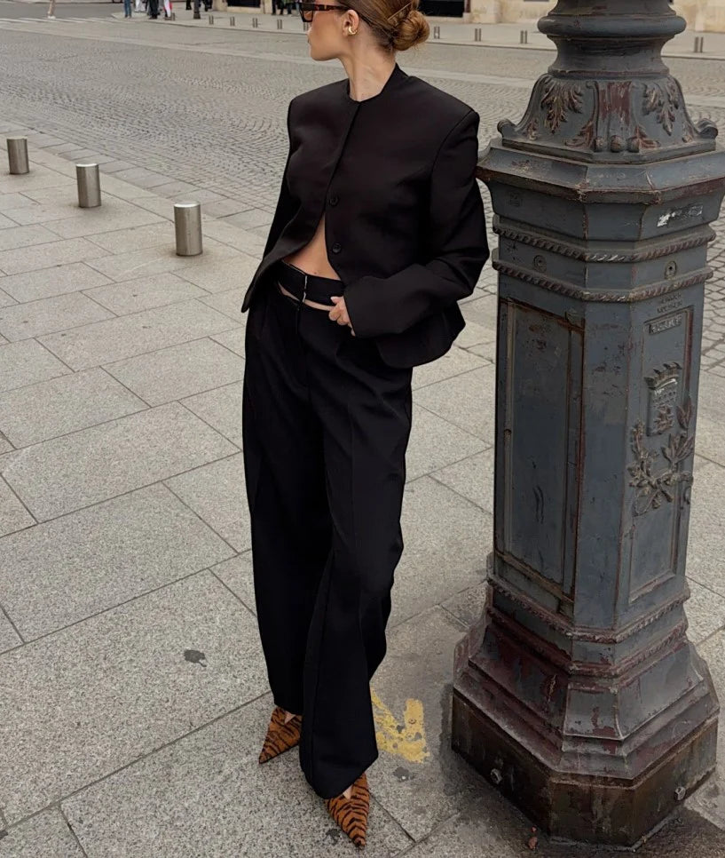 Women's Black Stand Collar Tailored Blazer and Pants Two Piece Suit Set [erp-image:55b24391408345d7c8fda0e5]