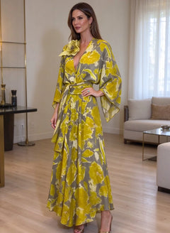 Floral Print V-Neck Long Sleeve Belted Maxi Dress with Floral Accent [erp-image:375a87d2954a1332e3cc3ca9]