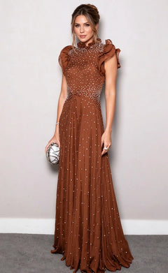 High Neck Ruffle Sleeve Pearl Embellished A-Line Evening Maxi Dress in Brown [erp-image:b0fb9af9e8448f98c914d5ee]